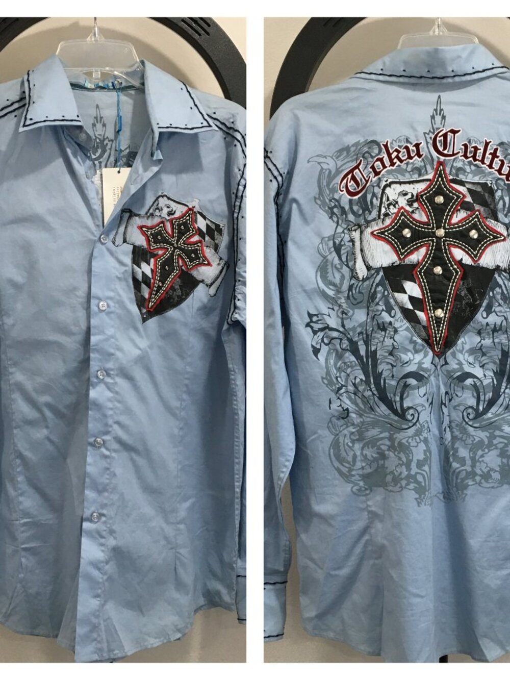 NWT TOKU Culture Blue MultiColor Applique Print Leather Studs Button Shirt